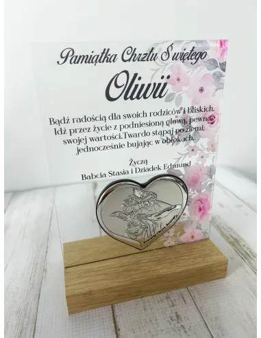 PAMIĄTKA CHRZTU ŚWIĘTEGO STATUETKA biała plexi srebrny obrazek TWÓJ NAPIS dedykacja