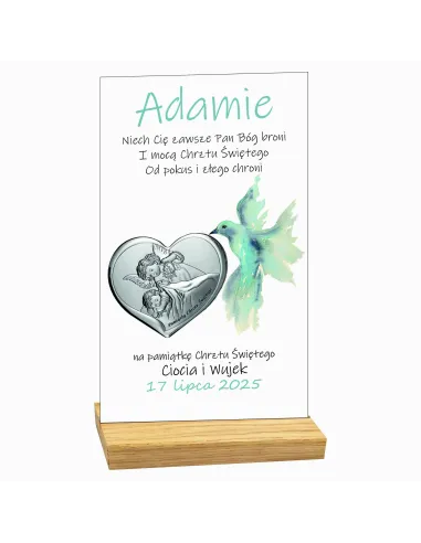 PAMIĄTKA CHRZTU ŚWIĘTEGO STATUETKA biała srebrny obrazek personalizowany TEKST dedykacja