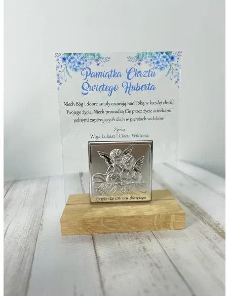 PAMIĄTKA CHRZTU ŚWIĘTEGO STATUETKA czarna plexi srebrny obrazek TWÓJ TEKST dedykacja