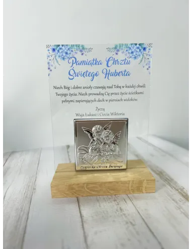 PAMIĄTKA CHRZTU ŚWIĘTEGO STATUETKA biała srebrny obrazek personalizowany TEKST dedykacja