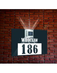 srebrna TABLICZKA ADRESOWA dibond z lampką numer domu 30x20 pionowa