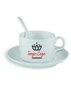 Filiżanka z talerzykiem i łyżeczką nadruk TWOJE LOGO NAPIS gadżet firmowy
