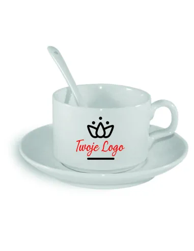 Filiżanka z talerzykiem i łyżeczką nadruk TWOJE LOGO NAPIS gadżet firmowy