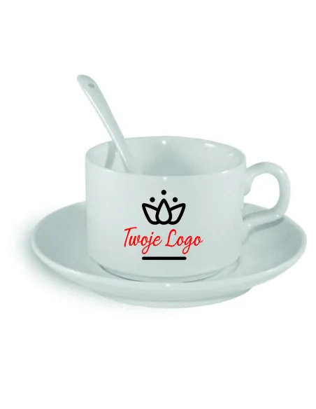 Filiżanka z talerzykiem i łyżeczką nadruk TWOJE LOGO NAPIS gadżet firmowy