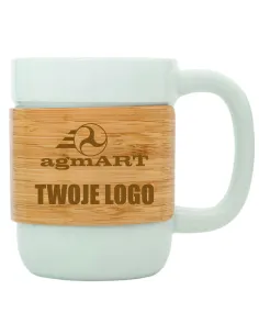 Kubek ceramiczny z bambusową opaską TWOJE LOGO NAPIS gadżet firmowy 10 sztuk