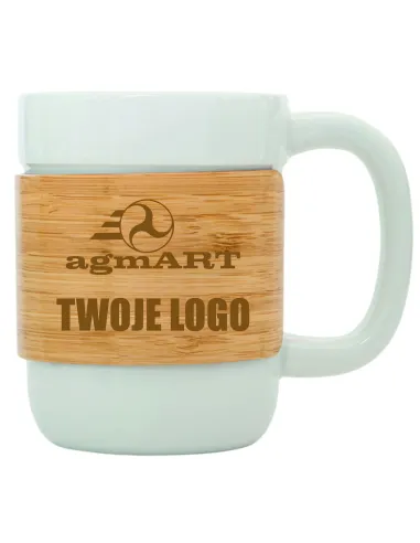 Kubek ceramiczny z bambusową opaską TWOJE LOGO NAPIS gadżet firmowy 10 sztuk