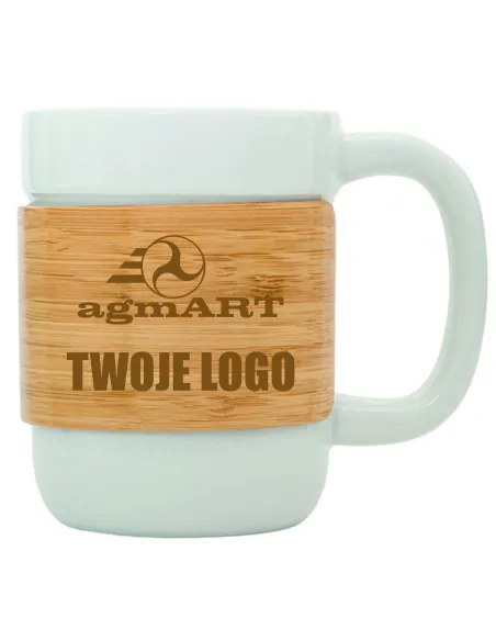 Kubek ceramiczny z bambusową opaską TWOJE LOGO NAPIS gadżet firmowy 10 sztuk