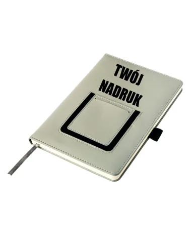 Notatnik szary notes z kieszonką na telefon A5 nadruk UV logo gadżet firmowy 25 sztuk