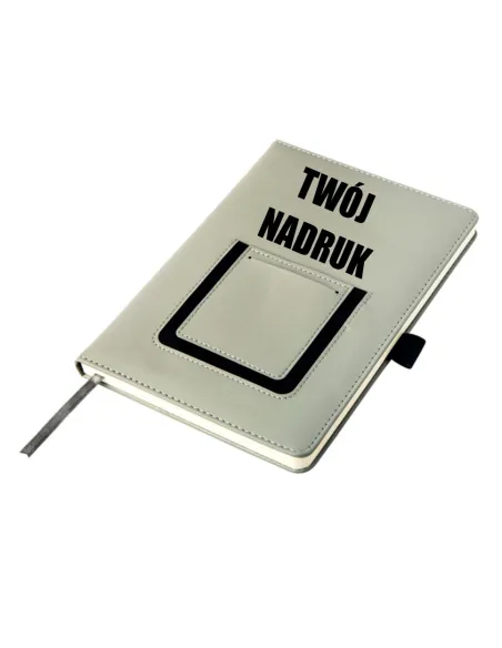 Notatnik szary notes z kieszonką na telefon A5 nadruk UV logo gadżet firmowy 25 sztuk