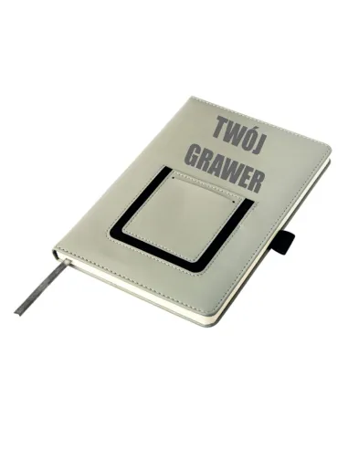 Notatnik szary notes z kieszonką na telefon A5 grawerowany logo gadżet firmowy 50 sztuk