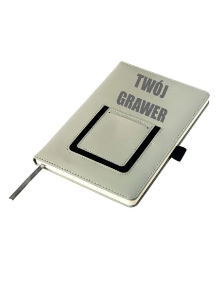 Notatnik szary notes z kieszonką na telefon A5 grawerowany logo gadżet firmowy 50 sztuk