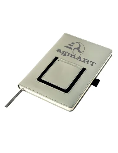 Notatnik szary notes z kieszonką na telefon A5 grawerowany logo gadżet firmowy 25 sztuk