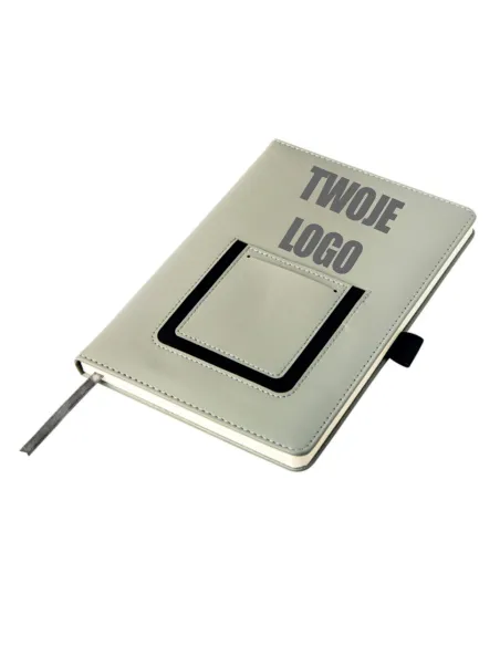 Notatnik szary notes z kieszonką na telefon A5 grawerowany logo gadżet firmowy 10 sztuk