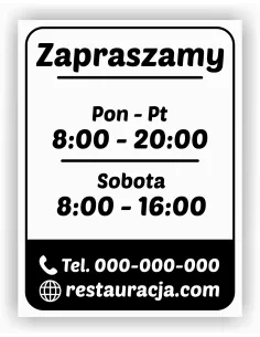 jednokolorowa Naklejka folia zapraszamy godziny otwarcia na witrynę drzwi szybę okno 45x55 cm