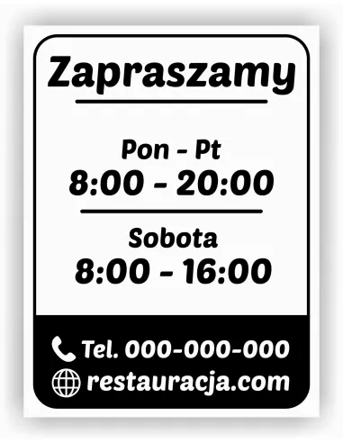 jednokolorowa Naklejka folia zapraszamy godziny otwarcia na witrynę drzwi szybę okno 45x55 cm