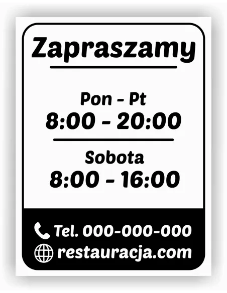 jednokolorowa Naklejka folia zapraszamy godziny otwarcia na witrynę drzwi szybę okno 45x55 cm