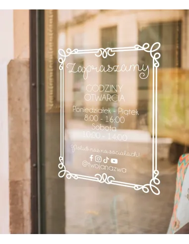 jednokolorowa Naklejka folia zapraszamy godziny otwarcia na witrynę drzwi szybę okno 45x55 cm
