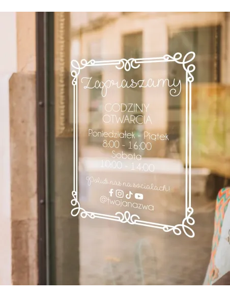 jednokolorowa Naklejka folia zapraszamy godziny otwarcia na witrynę drzwi szybę okno 45x23 cm