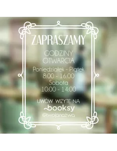 jednokolorowa Naklejka folia zapraszamy godziny otwarcia na witrynę drzwi szybę okno 40x35 cm