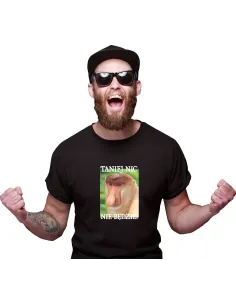 Śmieszna Koszulka Janusz Nosacz  z nadrukiem napis TANIEJ NIC NIE BĘDZIE