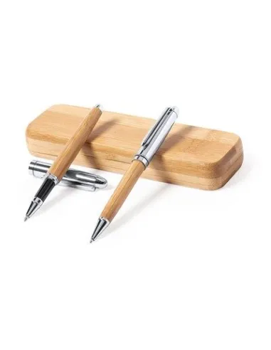 Bambusowy zestaw piśmienny, długopis i pióro kulkowe z nadrukiem UV LOGO 50  szt