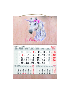 KALENDARZ wiszący 2025 jednodzielny DREWNIANY prezent na DZIEŃ dziecka jednorożec