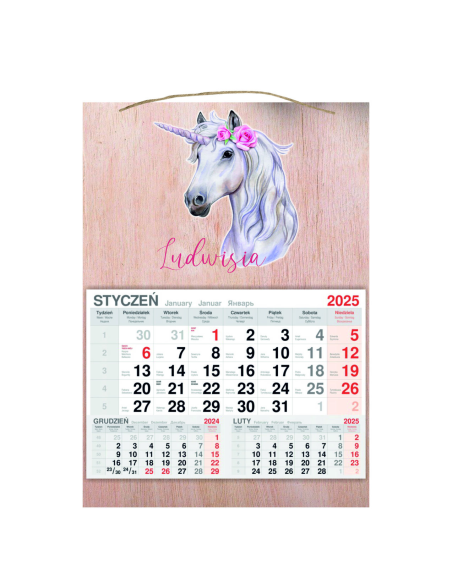 KALENDARZ wiszący 2025 jednodzielny DREWNIANY prezent na DZIEŃ dziecka jednorożec