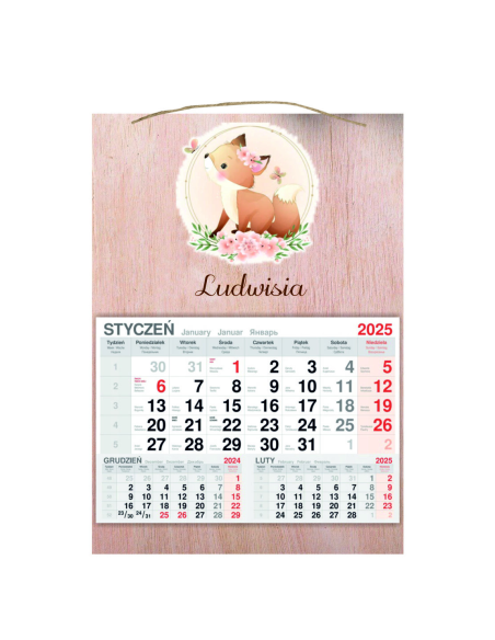 KALENDARZ wiszący 2025 jednodzielny DREWNIANY prezent dla dziecka z imieniem