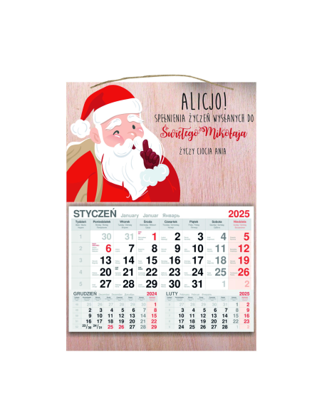 KALENDARZ wiszący 2025 jednodzielny DREWNIANY prezent na ŚWIĘTA MIKOŁAJKI