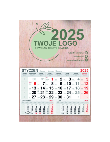 KALENDARZ wiszący 2025 jednodzielny DREWNIANY FIRMOWY Z twoim LOGO TEKSTEM GRAFIKĄ