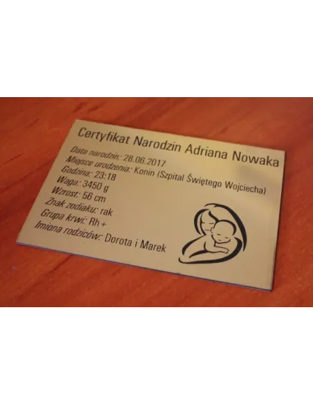 Certyfikat narodzin - Tabliczka z grawerem na chrzest urodziny prezent