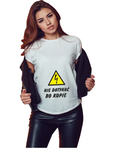 Koszulka z nadrukiem NIE DOTYKAĆ BO KOPIE ZNAK