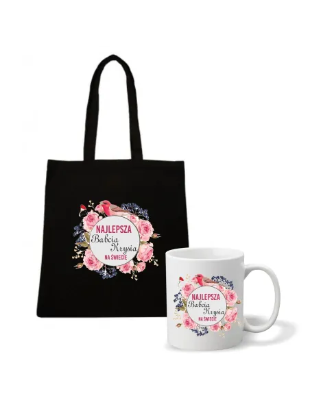 Eko torba kubek Prezent na Dzień Babci i Dziadka zestaw 1+1 z nadrukiem najlepsza babcia imię na świecie