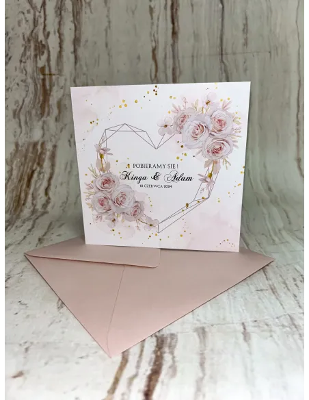 Zaproszenie na ślub ślubne motyw kwiatowy geometryczne serce Z PERSONALIZACJĄ