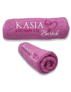 Elegancki ręcznik z haftem prezent na Walentynki z imieniem Kocham Cię