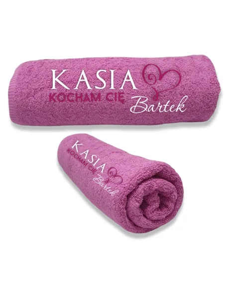 Elegancki ręcznik z haftem prezent na Walentynki z imieniem Kocham Cię