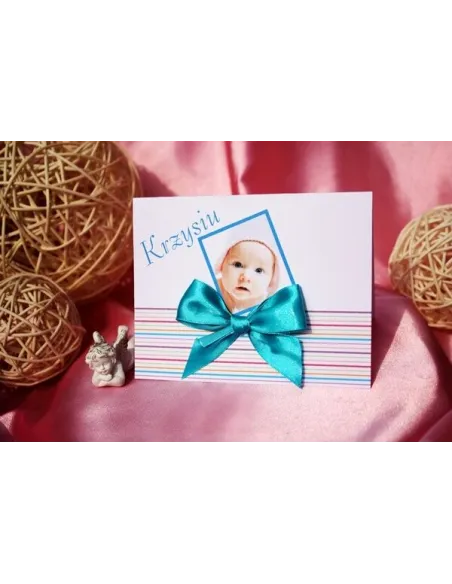 Zaproszenia na Chrzest Święty z zdjęciem i kokardą