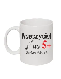 Kubek z nadrukiem nauczyciel na 5+ prezent dla nauczyciela