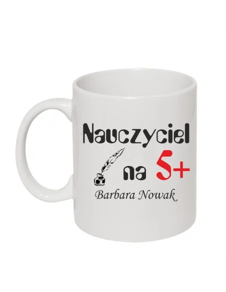 Kubek z nadrukiem nauczyciel na 5+ prezent dla nauczyciela