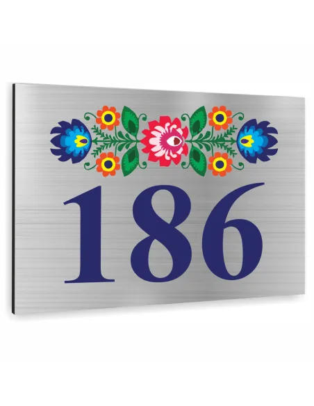 NUMER NA BUDYNEK dom Tabliczka INOX motyw ludowy kwiaty ALUMINIUM 3D 20x15 cm dibond