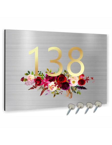 Tabliczka ADRESOWA Aluminiowa SREBRNA z kwiatami Numer domu dibond 30x20cm
