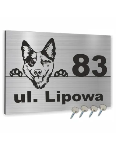TABLICA ADRESOWA METAL NUMER DOMU POSESJI z motywem psa  30x20 cm dibond