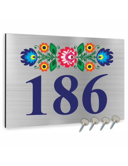 NUMER NA BUDYNEK dom Tabliczka INOX motyw ludowy kwiaty ALUMINIUM 3D 30x20 cm dibond