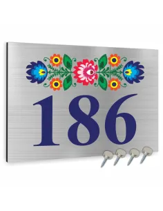 NUMER NA BUDYNEK dom Tabliczka INOX motyw ludowy kwiaty ALUMINIUM 3D 40x30 cm dibond