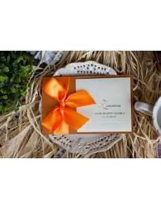 ZAPROSZENIA ślubne Perłowe Glamour z pomarańczową wstążką kokardą