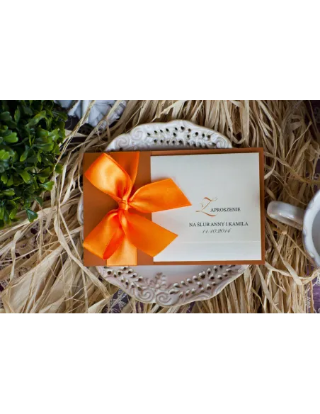 ZAPROSZENIA ślubne Perłowe Glamour z pomarańczową wstążką kokardą