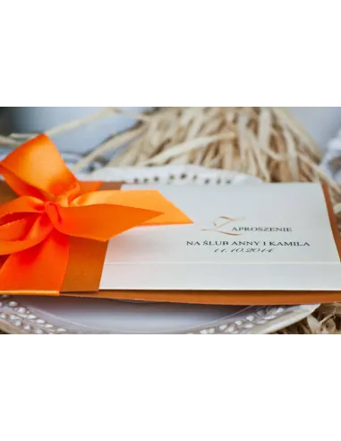 ZAPROSZENIA ślubne Perłowe Glamour z pomarańczową wstążką kokardą