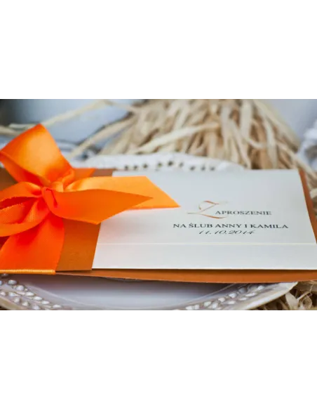 ZAPROSZENIA ślubne Perłowe Glamour z pomarańczową wstążką kokardą