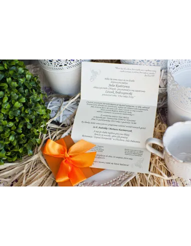 ZAPROSZENIA ślubne Perłowe Glamour z pomarańczową wstążką kokardą