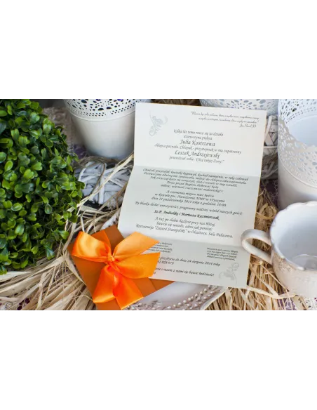 ZAPROSZENIA ślubne Perłowe Glamour z pomarańczową wstążką kokardą